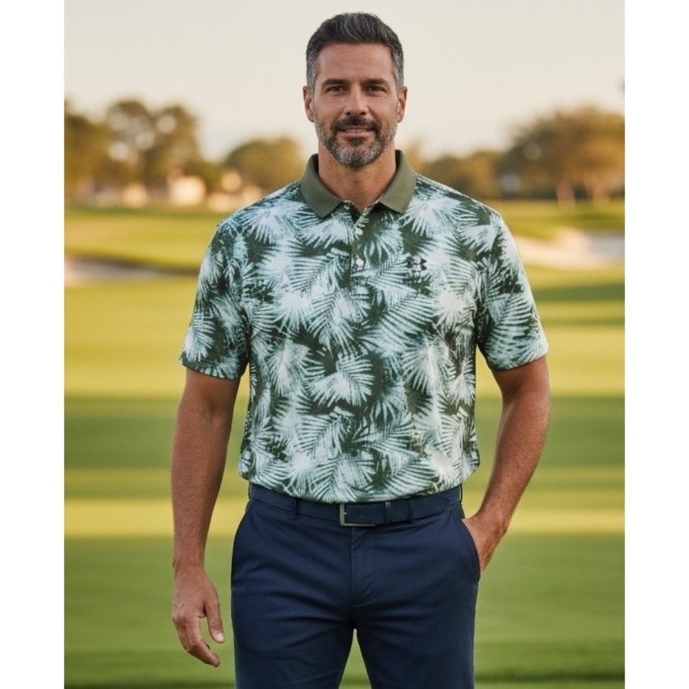 Under Armour Golf Polo Shirt Mens X-Large Printed Palm Leaf Green Matchplay NWT